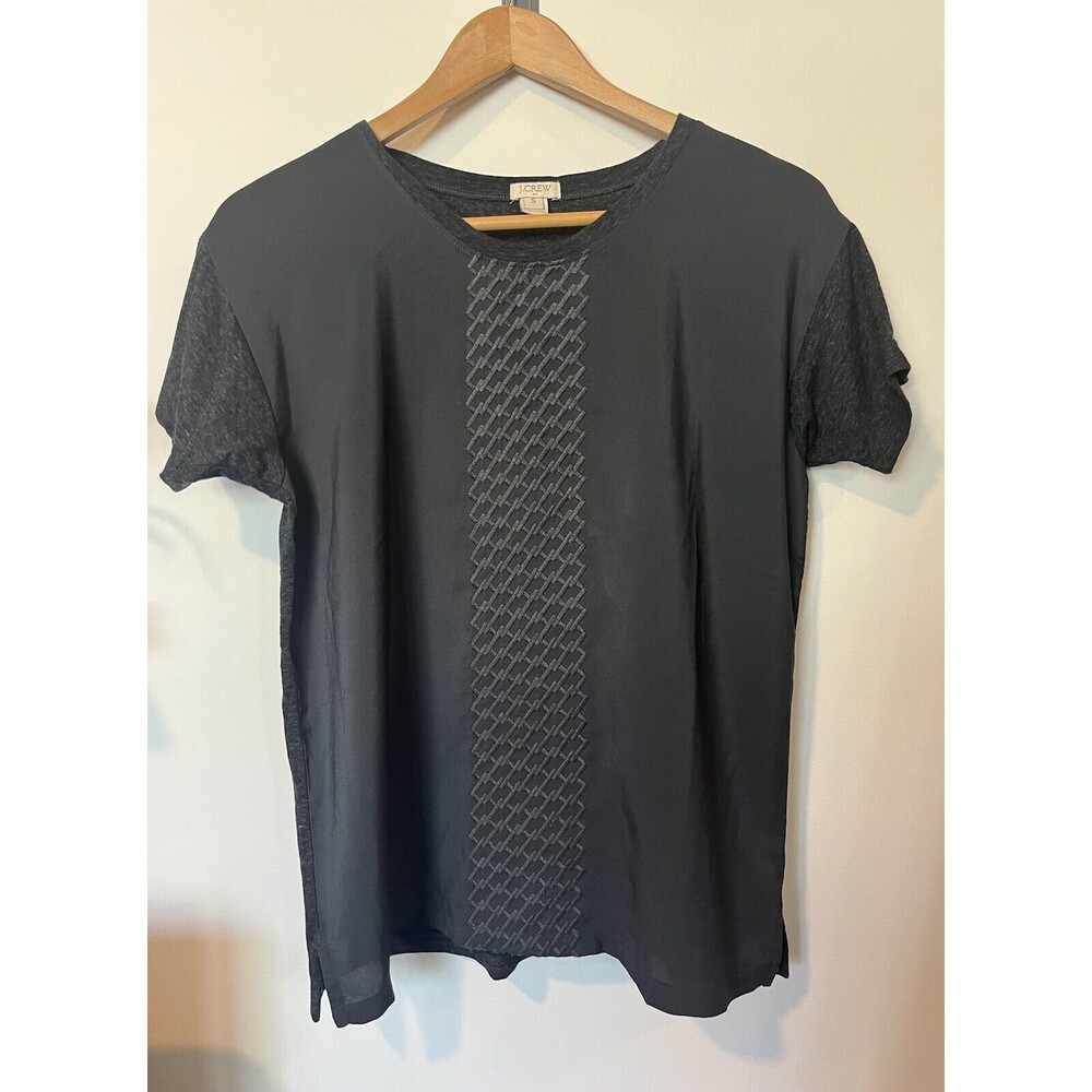 J Crew Dark Gray Silky Embroidered Front Short Sleeve Blouse Size Small